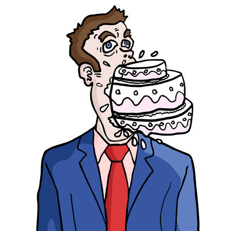 Funny draw of man eating cakeのイラスト素材