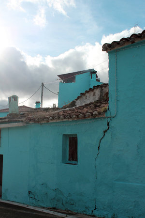 village with blue housesの写真素材