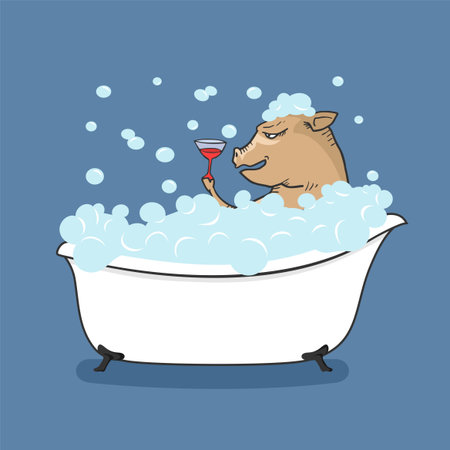 funny pig taking a bath with a wine cup in his handのイラスト素材