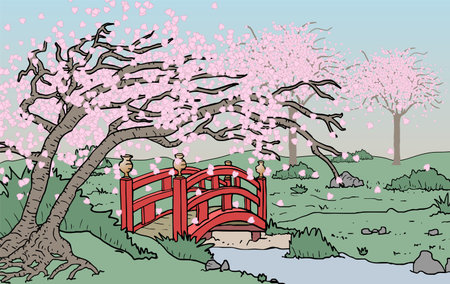 oriental bridge in fieldのイラスト素材