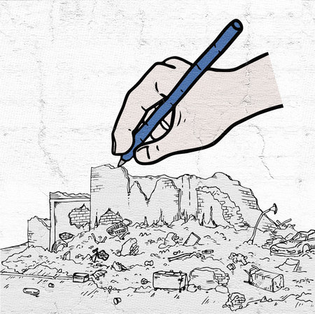 ruins street hand drawingの写真素材