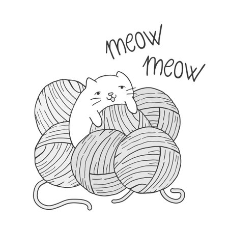 baby cat playing with balls of woolのイラスト素材