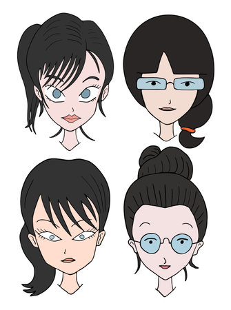 four black hair women facesのイラスト素材