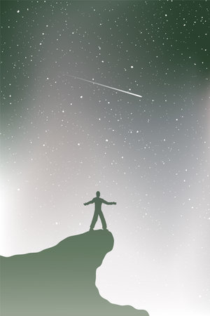man in mountain watching shooting starsのイラスト素材