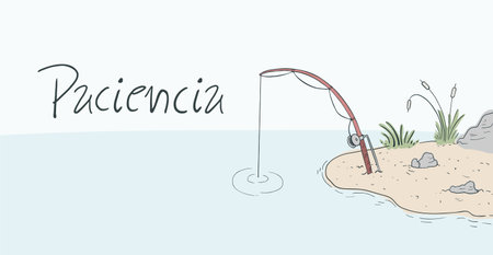 Design of fishing in lake scene and patience message in Spanishのイラスト素材