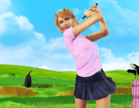 3D painting of a girl golf player teeing-off with on a beautiful day, front view.の写真素材