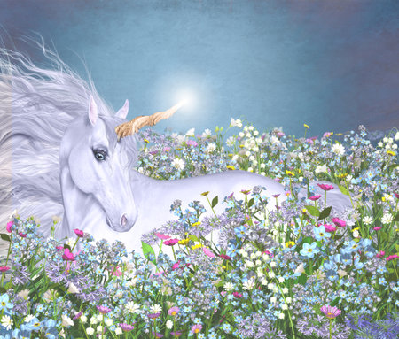 3d illustration of a magical unicorn in a sea of flowers.の写真素材