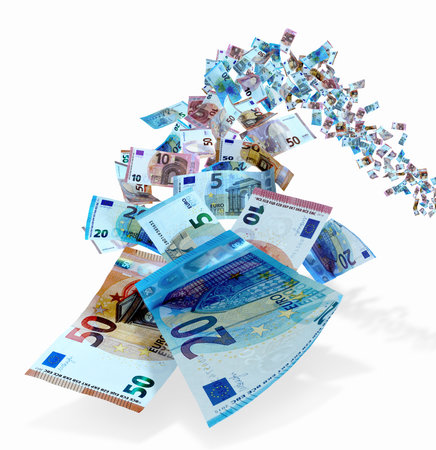 Fifties, twenties, ten and five Euro bills fly toward the camera.の写真素材