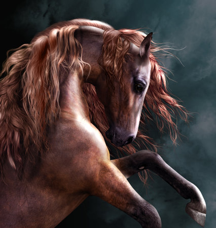 3D render of a horse rearing up with a dramatic long mane.の写真素材