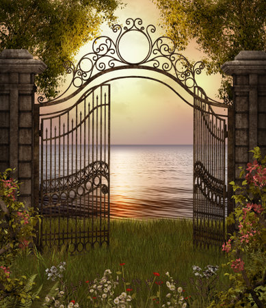 3D render of a beautiful sea view through a gate from an enchanting gardenの写真素材