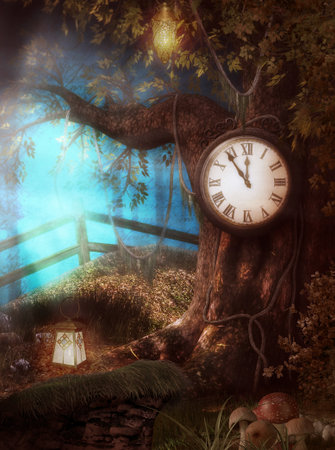 3D render illustration of an enchanting Clock Tree Time fantasy scenario in a forestの写真素材