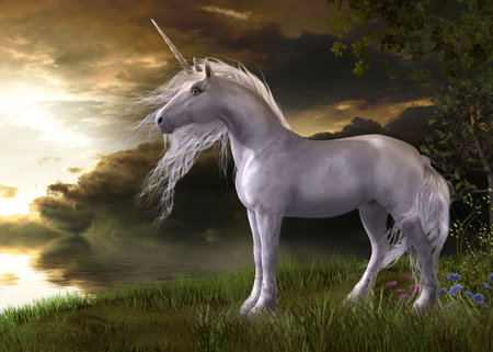 3D illustration of an enchanting white unicorn watching a sunset reflecting in waterの写真素材