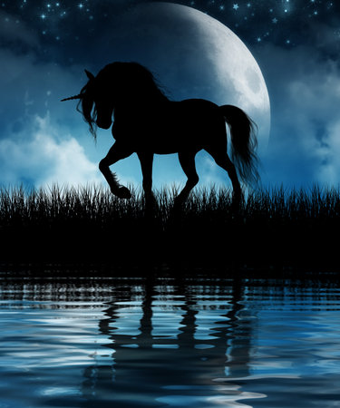 Concept of a magical Unicorn silhouetted against the Moon and reflected in a pond, digital illustration 3d renderの写真素材