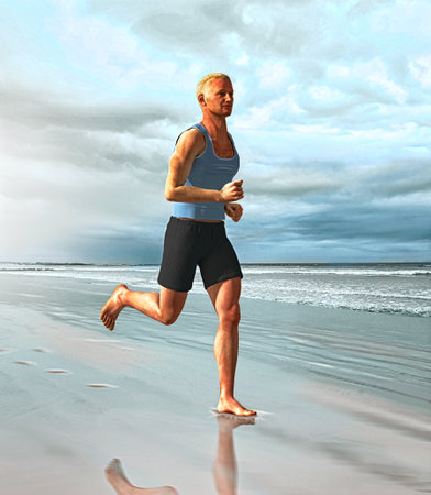 Man running, sport runner jogging on beach working out smiling, fit male fitness modelの写真素材