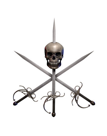 Pirate swept hilt swords cross with a human skull isolated on white, adventure and danger on the high seas, 3d renderの写真素材