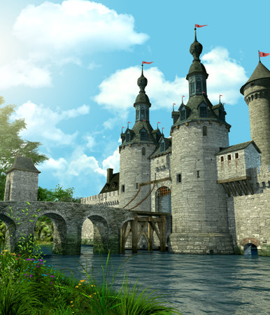 3D rendering of a romantic fairytale castle in an idyllic landscape framed by trees and protected by a moat filled with waterの写真素材