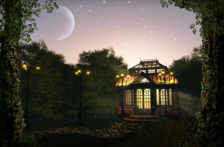 Beautiful, romantic illuminated pavilion at night in a lush park, 3d renderの写真素材