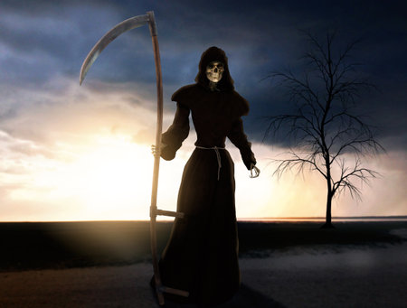 Death is coming, holding a scythe, 3d render paintingの写真素材