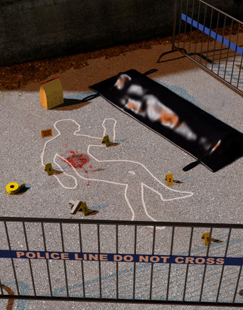 After the crime comes the investigation, crime scene with a authentic look, with body outline and body bag, 3d render の写真素材