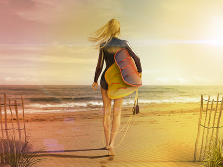 Attractive young woman in short wetsuit with surfboard walking out to the sea on a sunny beach,...