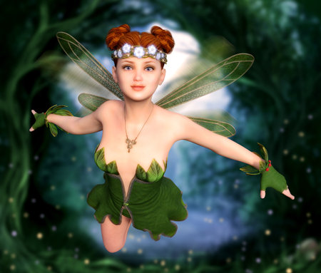 Attractive fairy girl flying through an enchanting magical forest, 3d render illustrationの写真素材