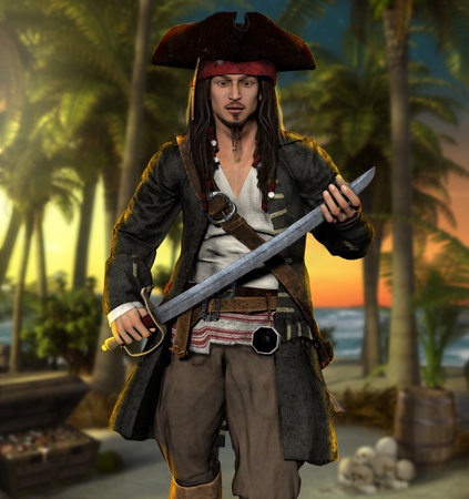 Proud swashbuckling pirate holding a sword on a tropical island, 3d render illustrationの写真素材
