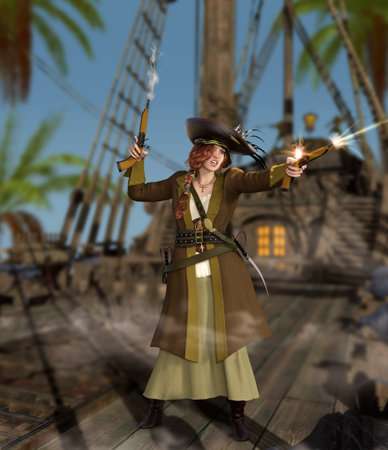 Attractive female pirate capitan firing a flintlock gun while defending her ship in a tropical setting, 3d renderの写真素材