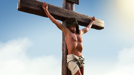 Close up of Jesus Christ on the cross, INRI, 3d render illustration.の写真素材