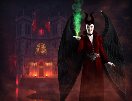 Evil halloween fairytale witch with wings casting a spell in front of a hellish building, 3d render.