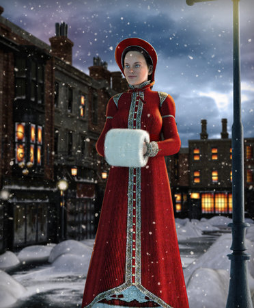 Elegant victorian Jane Austen style woman walking down a 19th century London street, winter night, 3d render.の写真素材