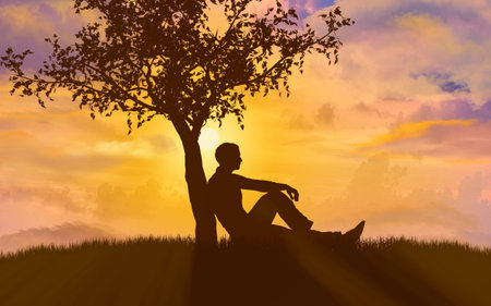 Silhouette of man leaning against a tree during sunset, 3d render.の写真素材