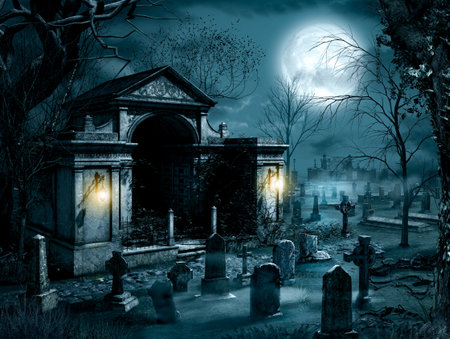 Entrance to a large haunted grave site, mausoleum, in a spooky gothic cemetery at full moon, 3d...