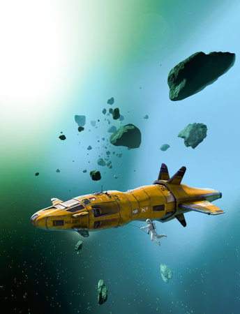 Futuristic spaceship in flight in an asteroid belt while a female astronaut undertakes a space walk,...