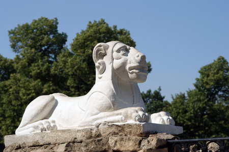White stone lion against trees and the dark blue skyの写真素材