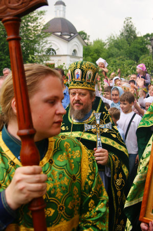 RUSSIA, MOSCOW - MAY 23: Orthodox people celebrate a Pentecost Religious procession in honor of a...