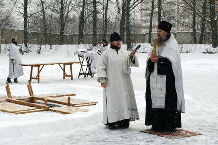 RUSSIA, MOSCOW - JAN 19: Orthodox Christians participate in a christening holiday Solemn...