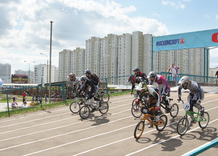 MOSCOW - MAY 09:  Young bicyclists participate in cycle racings devoted to a Victory Day holiday on MAY 09, 2011 in Moscowのeditorial素材
