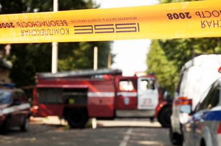 MOSCOW - AUGUST 30:  Firemen extinguish a fire in pavilion Veterinary at the All-Russia Exhibition...