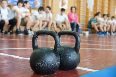 2 18 2012 Moscow, area Bibirevo. Regional competitions to sports with weights amongのeditorial素材