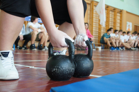 2 18 2012 Moscow, area Bibirevo. Regional competitions to sports with weights amongのeditorial素材