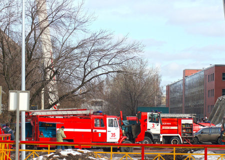 MOSCOW - MARCH 17:  Fire in many-storeyed office building. on MARCH 17, 2012 in Moscow,...