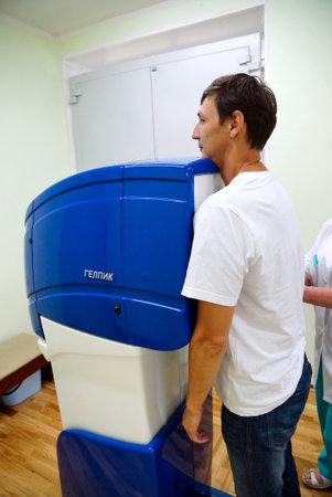 2012/07/19 Russia. Moscow. The patient during passing of fluorographic inspection in one of city...