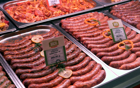 07.12.2012 Moscow. Counter with products in butcher shop.のeditorial素材