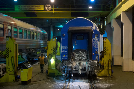 13.01.2013 Brest, Belarus. Replacement of wheel couples of railway cars on frontier with Poland.のeditorial素材