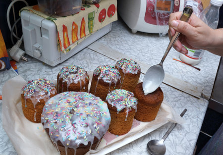 Real photo of a baking of Easter cakes in home cuisine 