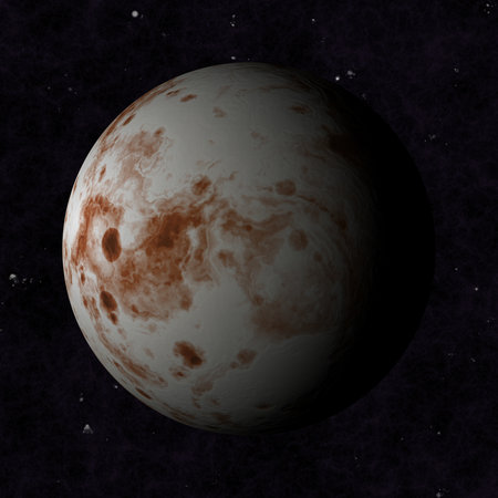 Planet Mars type, with a white clouds and dark side. In cosmic space.