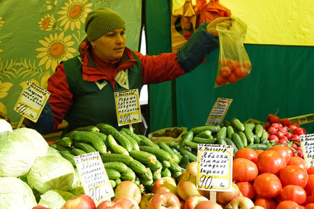 MOSCOW, RUSSIA - April 10, 2018: Street vending vegetables. Market weekend in Moscow.のeditorial素材