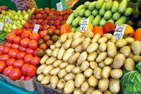 MOSCOW, RUSSIA - April 10, 2018: Street vending vegetables. Market weekend in Moscow.のeditorial素材