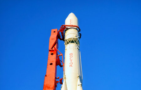 MOSCOW, RUSSIA - AUGUST , 2017: Vostok, a three-stage launch vehicle for launching spacecraft. At VVC (VDNH). The inscription in Russian "Vostok, USSR"のeditorial素材