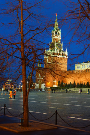Moscow, Russia - JANUARY, 2016: Spasskaya Tower and the Kremlin wall on Red Square. Night view.